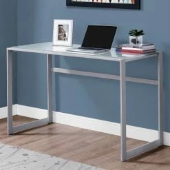 Brand new ???? Chelsea Home Furniture Computer Desk 48L In Silver Metal With White Tempered Glass ????